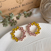 Aretes full cristales redondo amarillo, rosa pastel