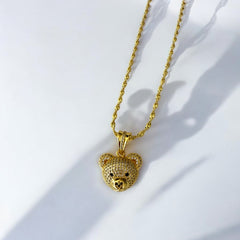 Collar de Acero Bañado en Oro con Dije de Oso y Circones