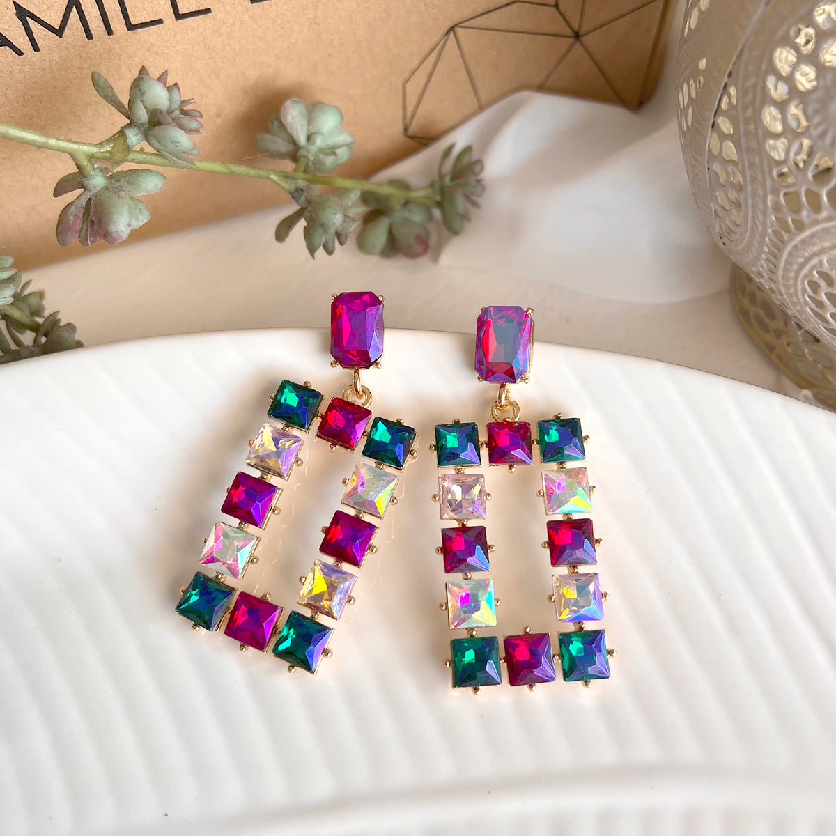 Aretes full cristales azul tornasol, fucsia tornasol, blanco tornasol