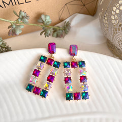 Aretes full cristales azul tornasol, fucsia tornasol, blanco tornasol