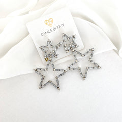 Aretes estrella chica y grande full cristales clear plateado