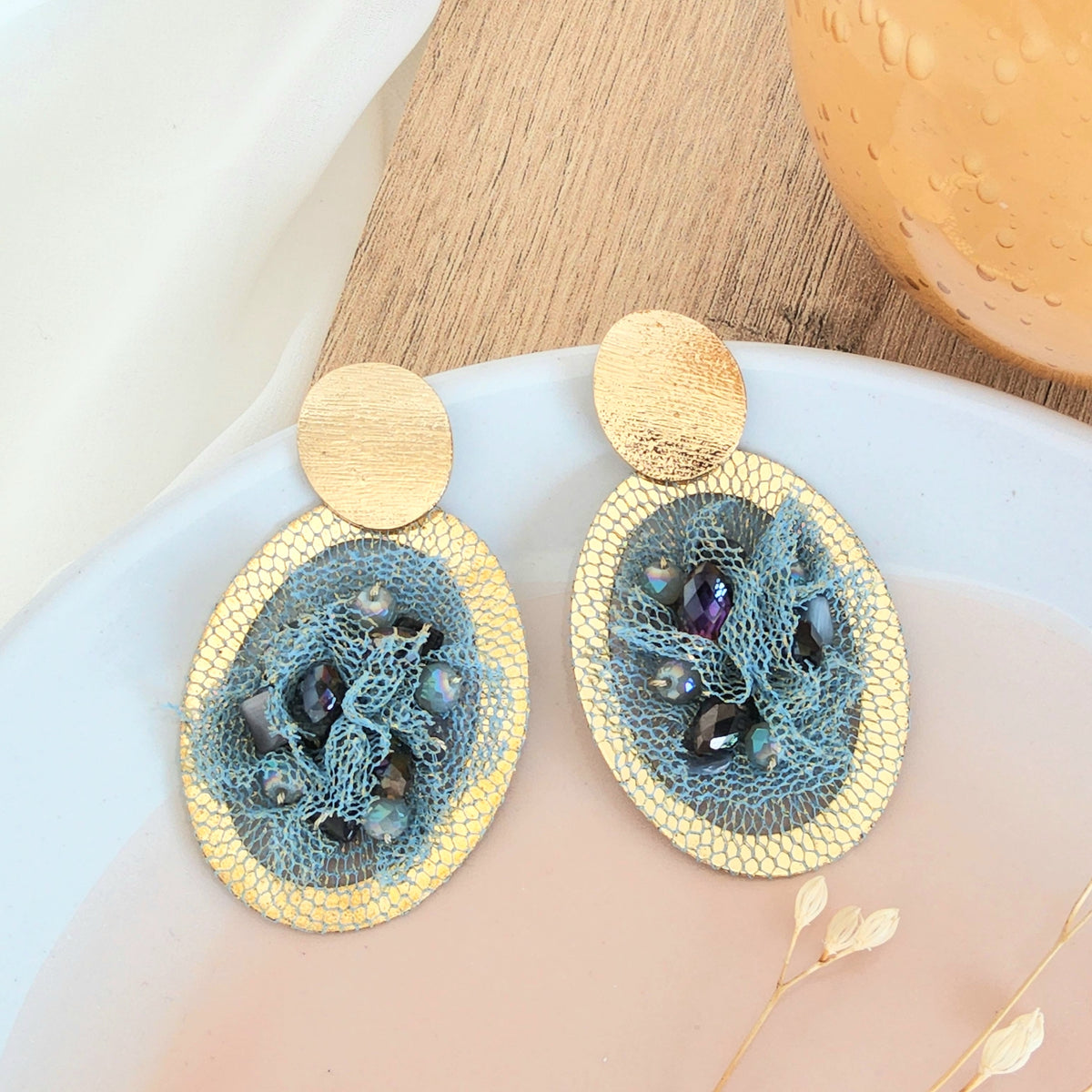 Aretes tutú petit azul acero  y plomo