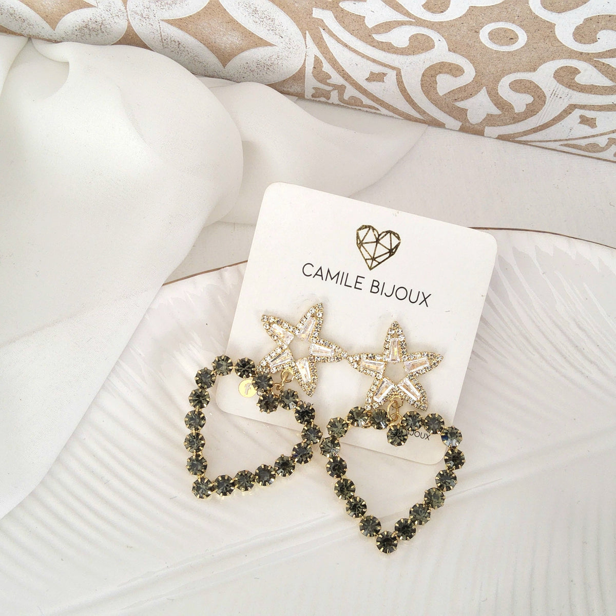 Aretes star heart cristales plomo clear
