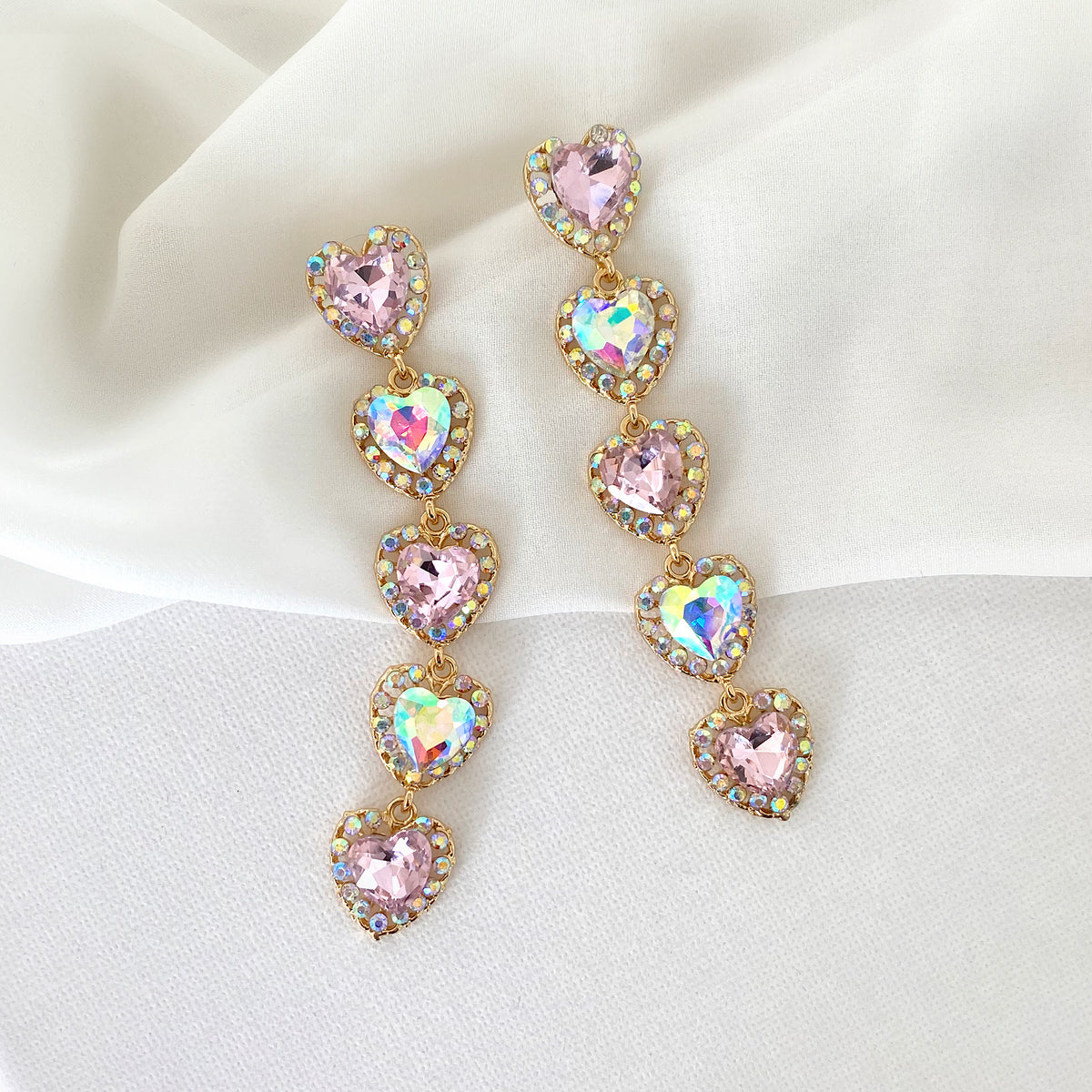 Long mini heart rosa y tornasol cristales