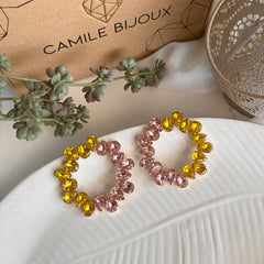Aretes full cristales redondo amarillo, rosa pastel