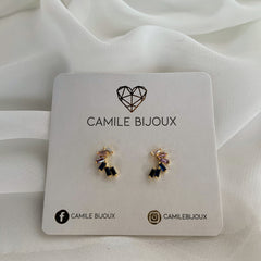 Aretes semi circulo de cristales de colores en plata 925 bañado en oro 18k