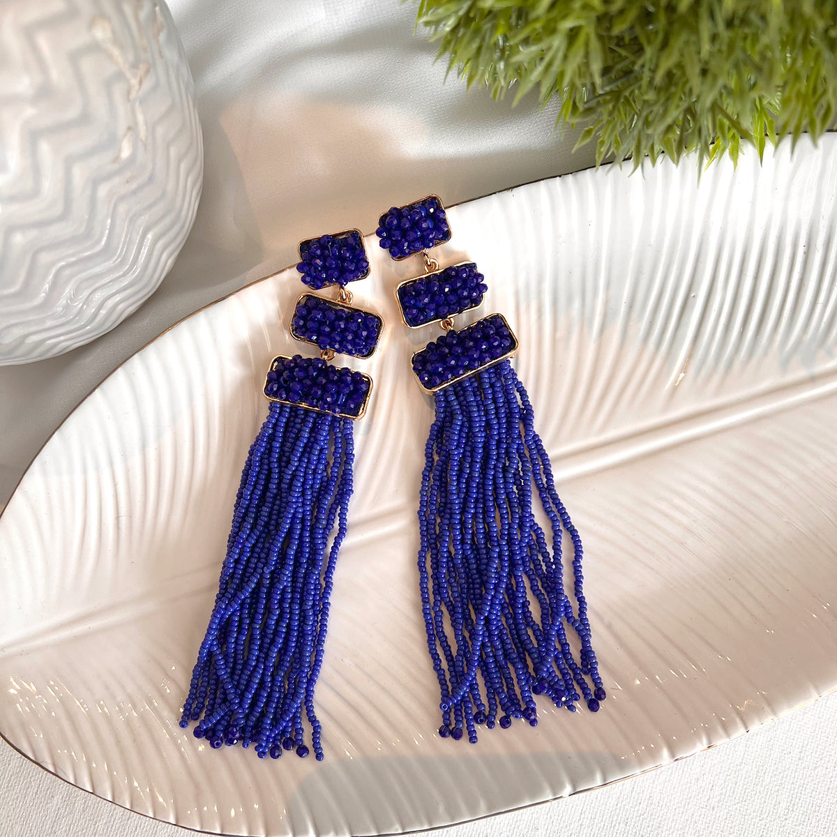 Aretes fringe mostacilla azul
