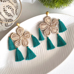 Aretes palma y borla xl verde turqueza