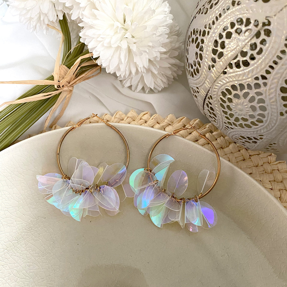 Aretes argolla lentejuela clear blanco