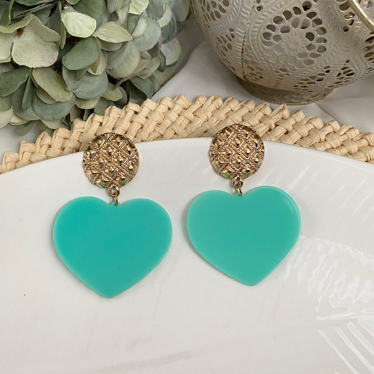 Aretes corazón acrilico verde agua