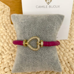 Pulsera de hilo ajustable fimos fucsia con dije corazón full circones