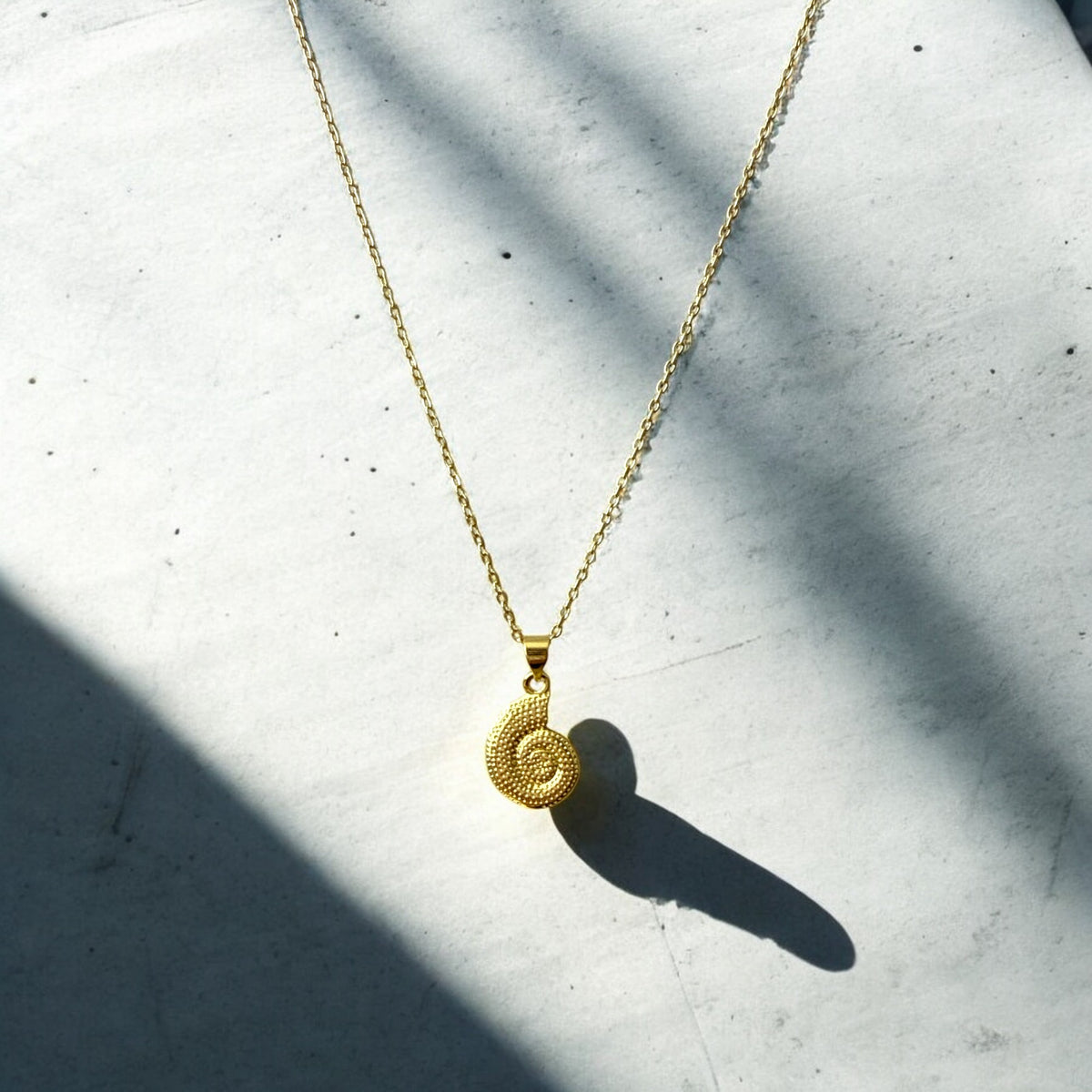 Collar de acero bañado en oro con dije de caracol texturizado y cadena fina de 1 mm y 45 cm, regulable. Diseño inspirado en la naturaleza.