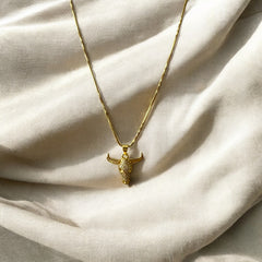 Collar de acero bañado en oro con dije de toro y circones transparentes. Cadena fina de 1 mm, regulable. Diseño imponente y elegante.