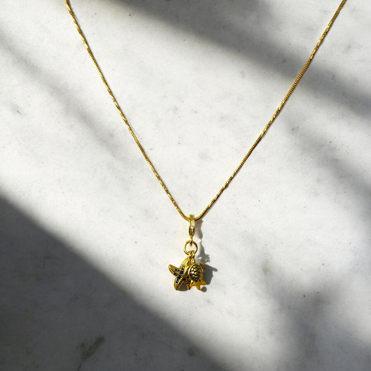 Collar de Acero Bañado en Oro con Dijes Marinos y Circones