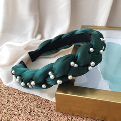 Diadema trenzada seda aplique perlitas verde oscuro