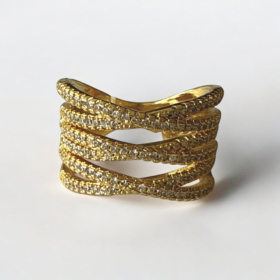 Anillo Doble Cristales Baguette ajustable de acero bañado en oro con cristales brillantes