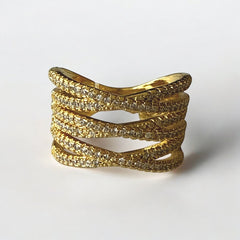 Anillo Doble Cristales Baguette ajustable de acero bañado en oro con cristales brillantes